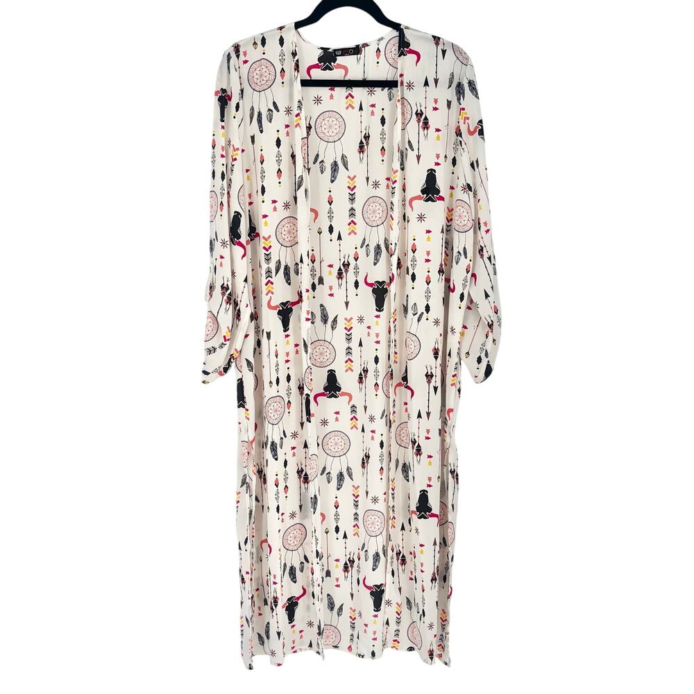 Vision Boho Dreamcatcher Arrow Bull Kimono Open Front Long Cardigan Size M